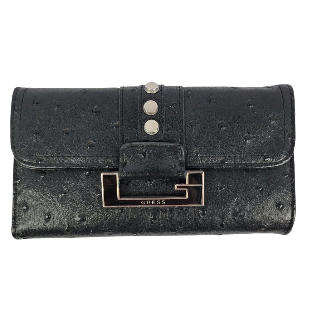Guess Y2K Black Faux Ostrich Tri-Fold Wallet Clutch